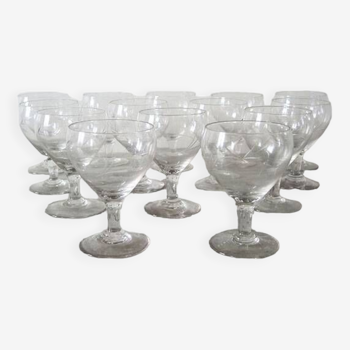 14 Old Stemmed Glasses with Engraved Wheat Decor