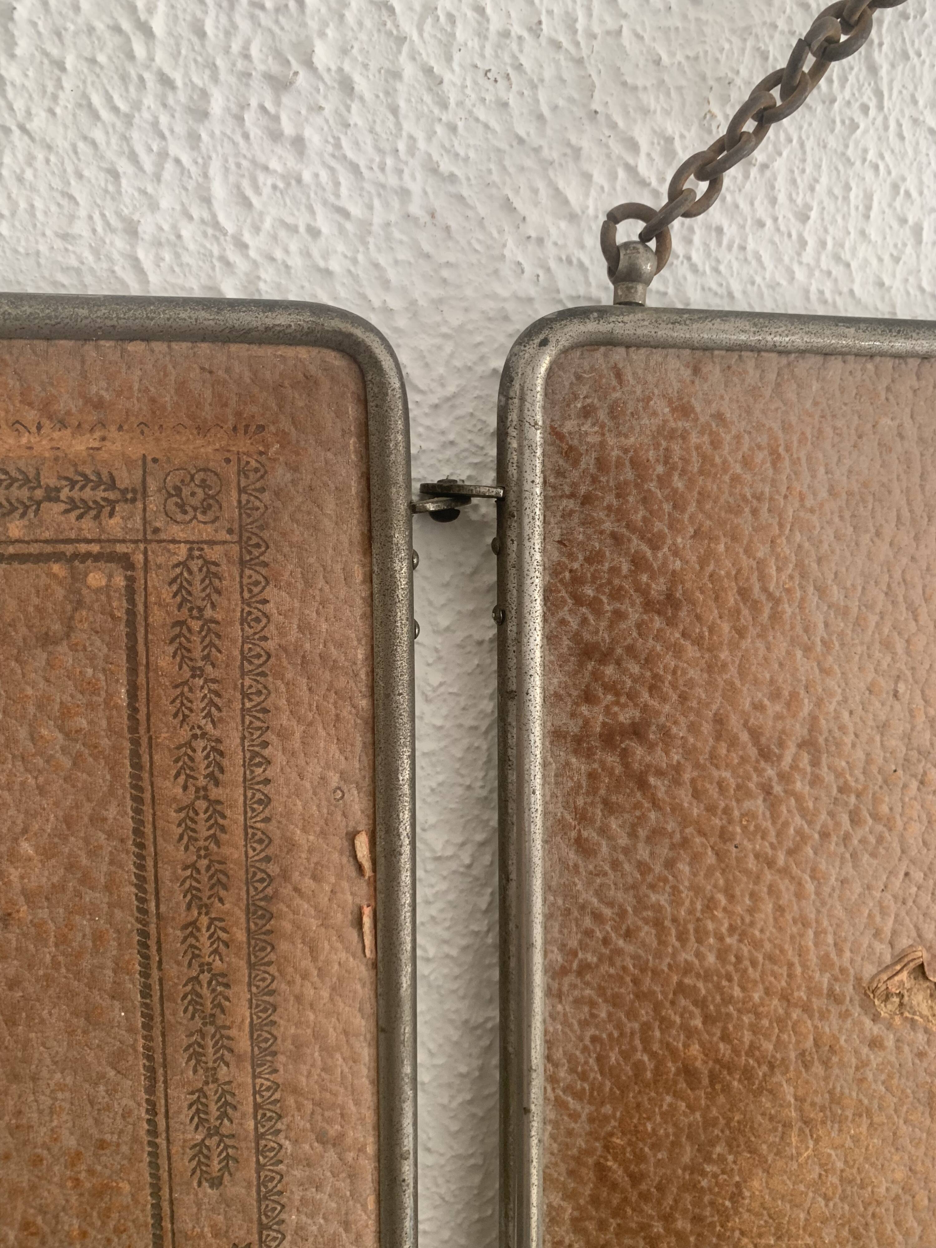 Vintage 1900 triptych mirror, old pink nickel-plated metal - 31 x 76 cm