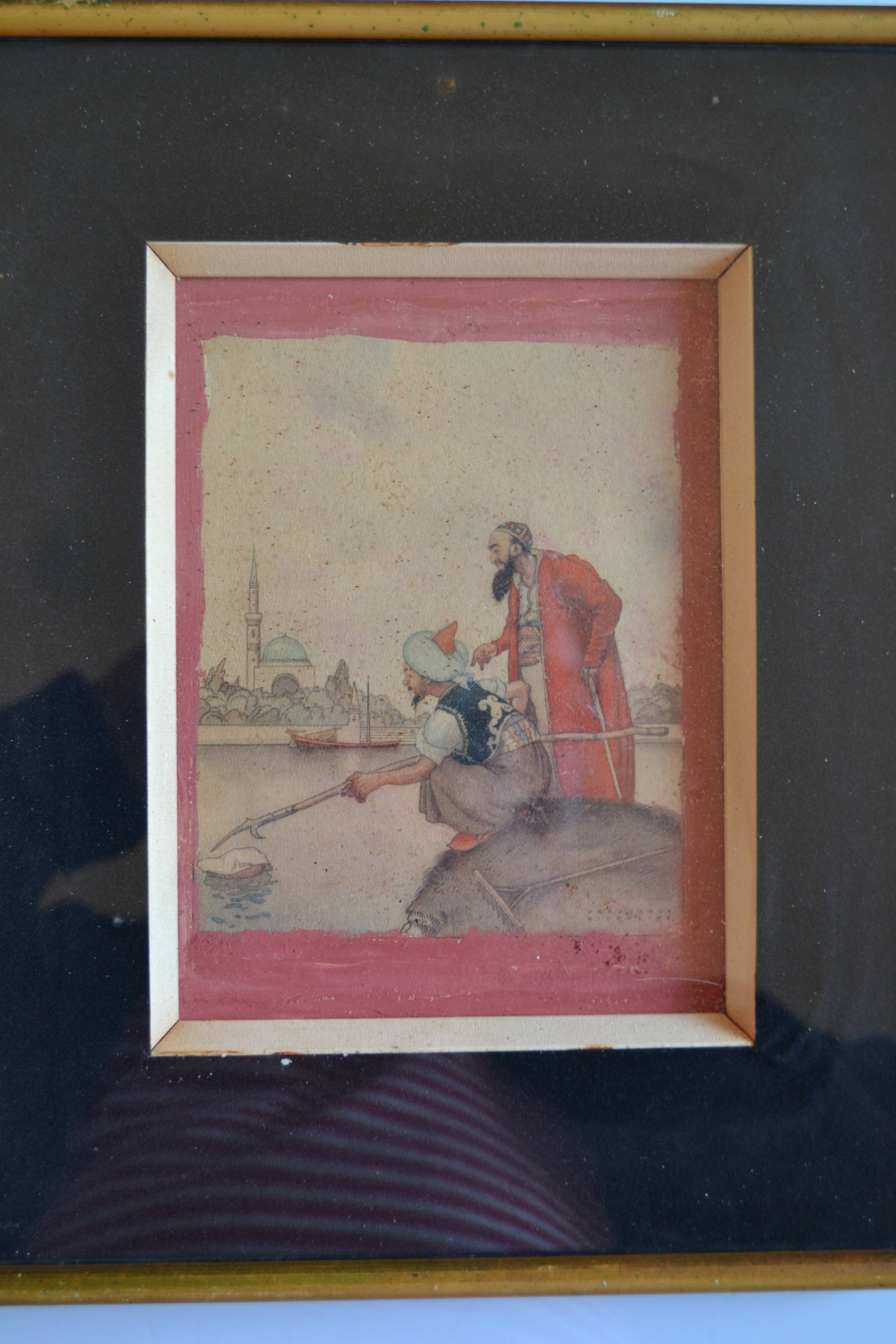 Orientalist watercolor print framed and under glass