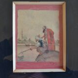 Orientalist watercolor print framed and under glass