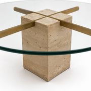 Vintage round coffee table with thick glass top and travertine and brass base