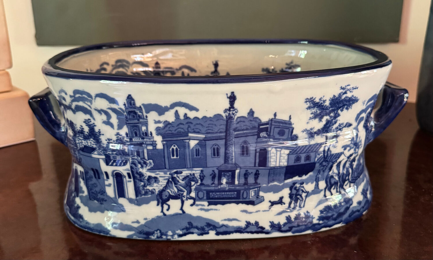 English earthenware planter, blue monochrome, 20th century