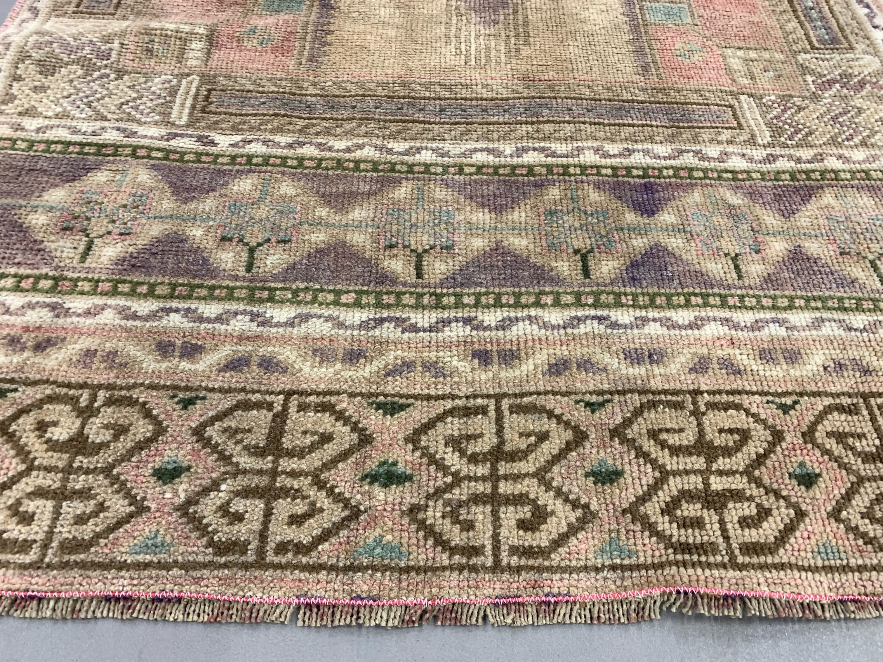Turkish rug 266x91 cm wool vintage shabby chic runner green, beige