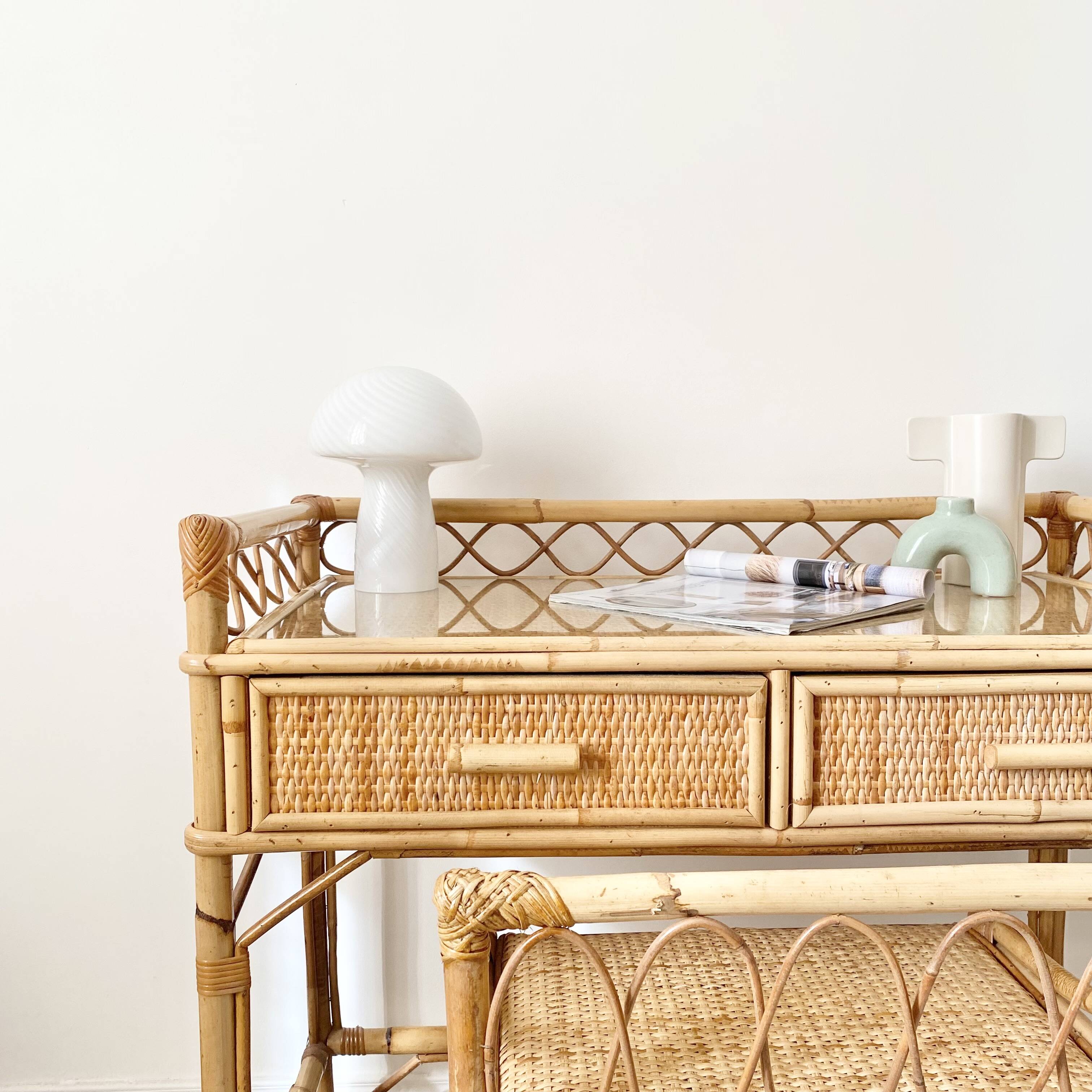 Vintage rattan desk with stool
