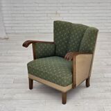 Fauteuil danois des années 1950, mobilier d'origine vert/beige en laine, bois de chêne.