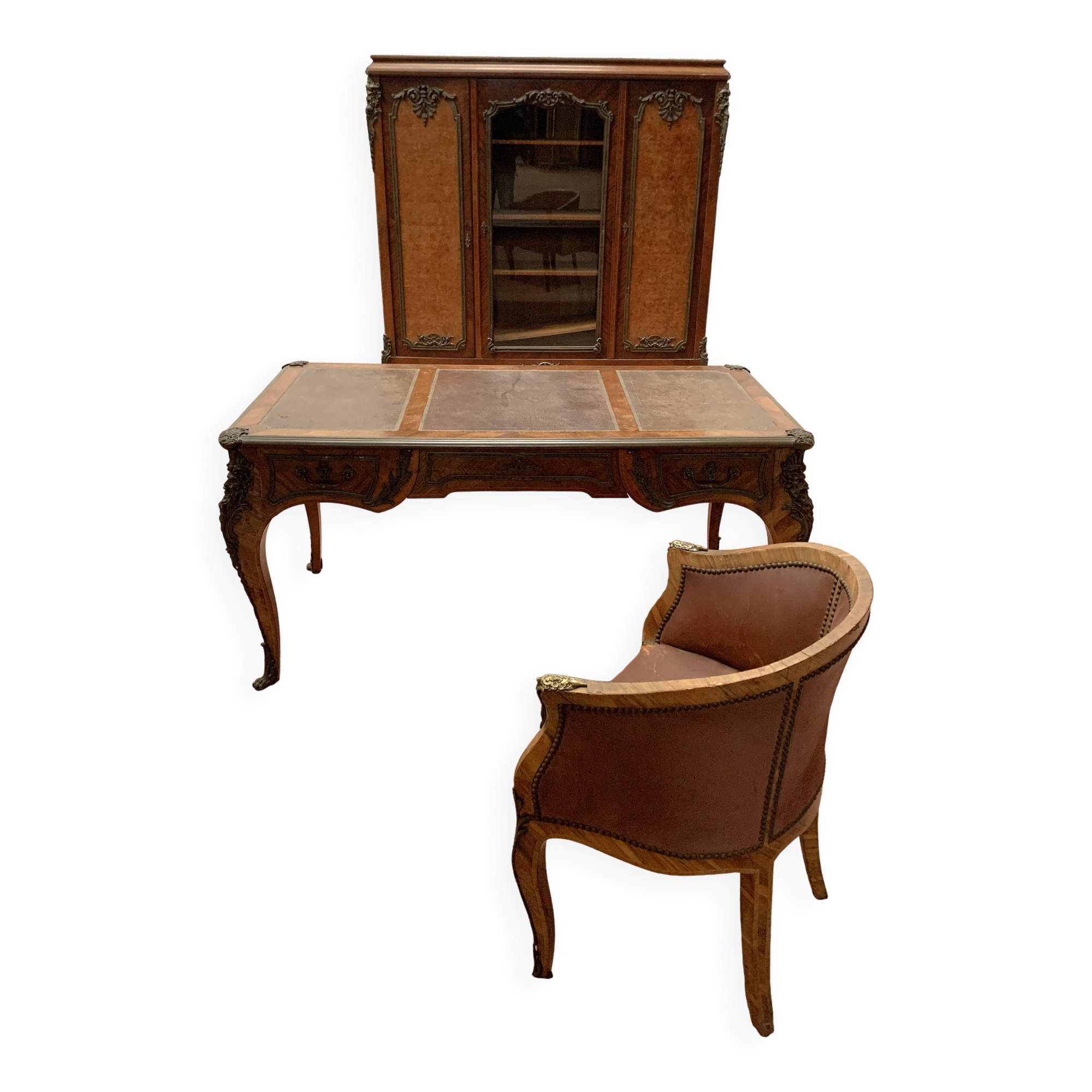 Louis XV style desk set in mahogany and burr walnut