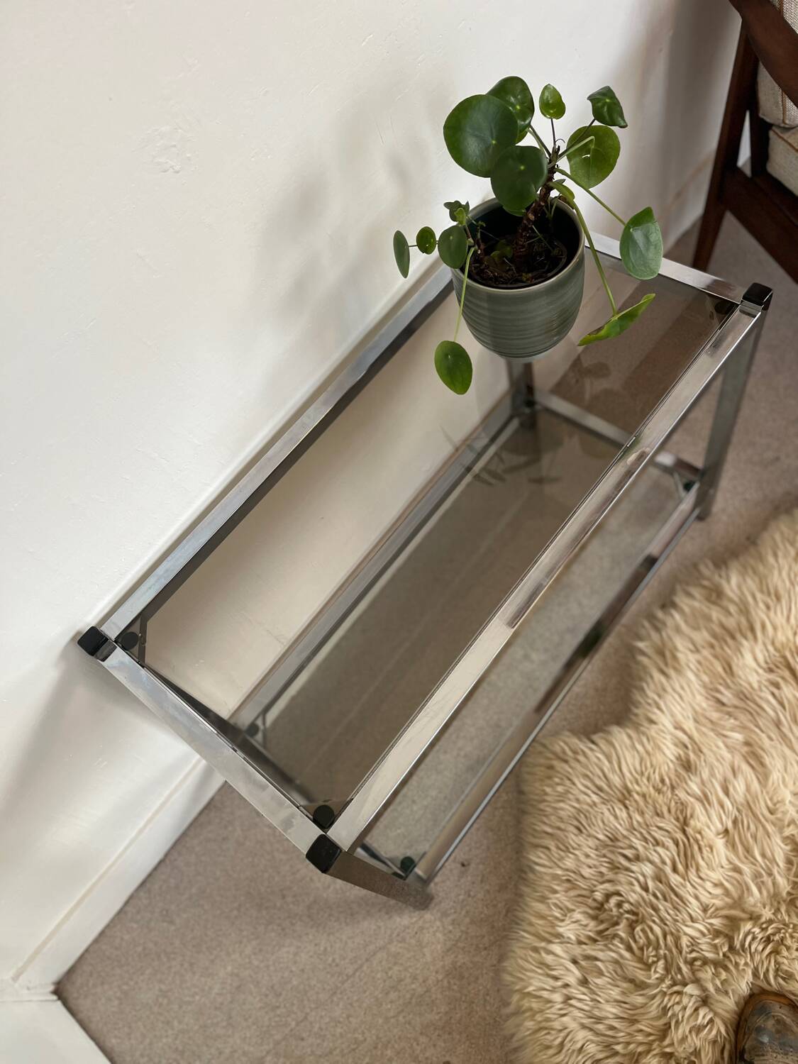 Table basse console verre et chrome vintage