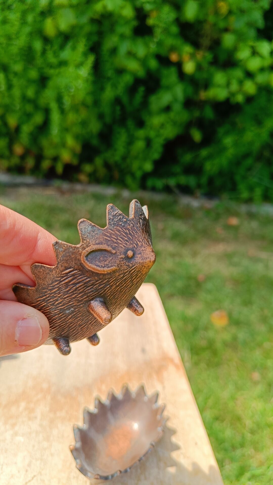 Vintage patinated metal hedgehog ashtrays – Greece