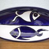 Plat céramique vintage, plat ovale bleu et blanc motifs poisson, made in italy