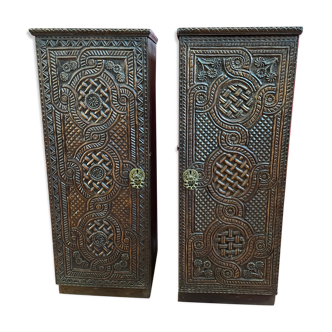 Syria, Pair of old cabinets, wooden storage columns with intricately carved panels