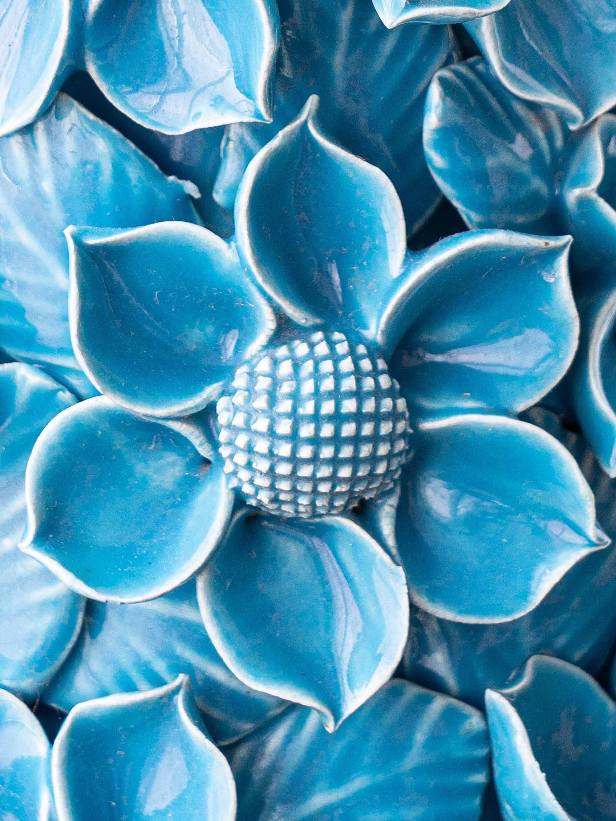 Turquoise glazed ceramic floral table lamp from Manises mid-century, with a new silk shade.