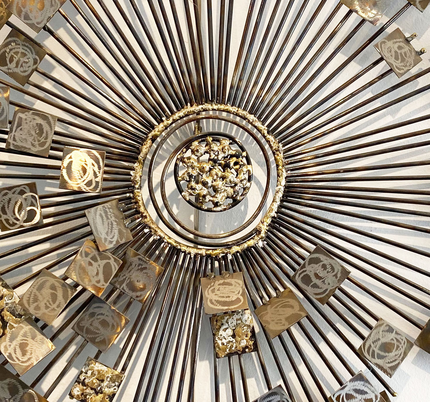 Brutalist Sunburst wall sculpture by Curtis Jere. USA, 2000s