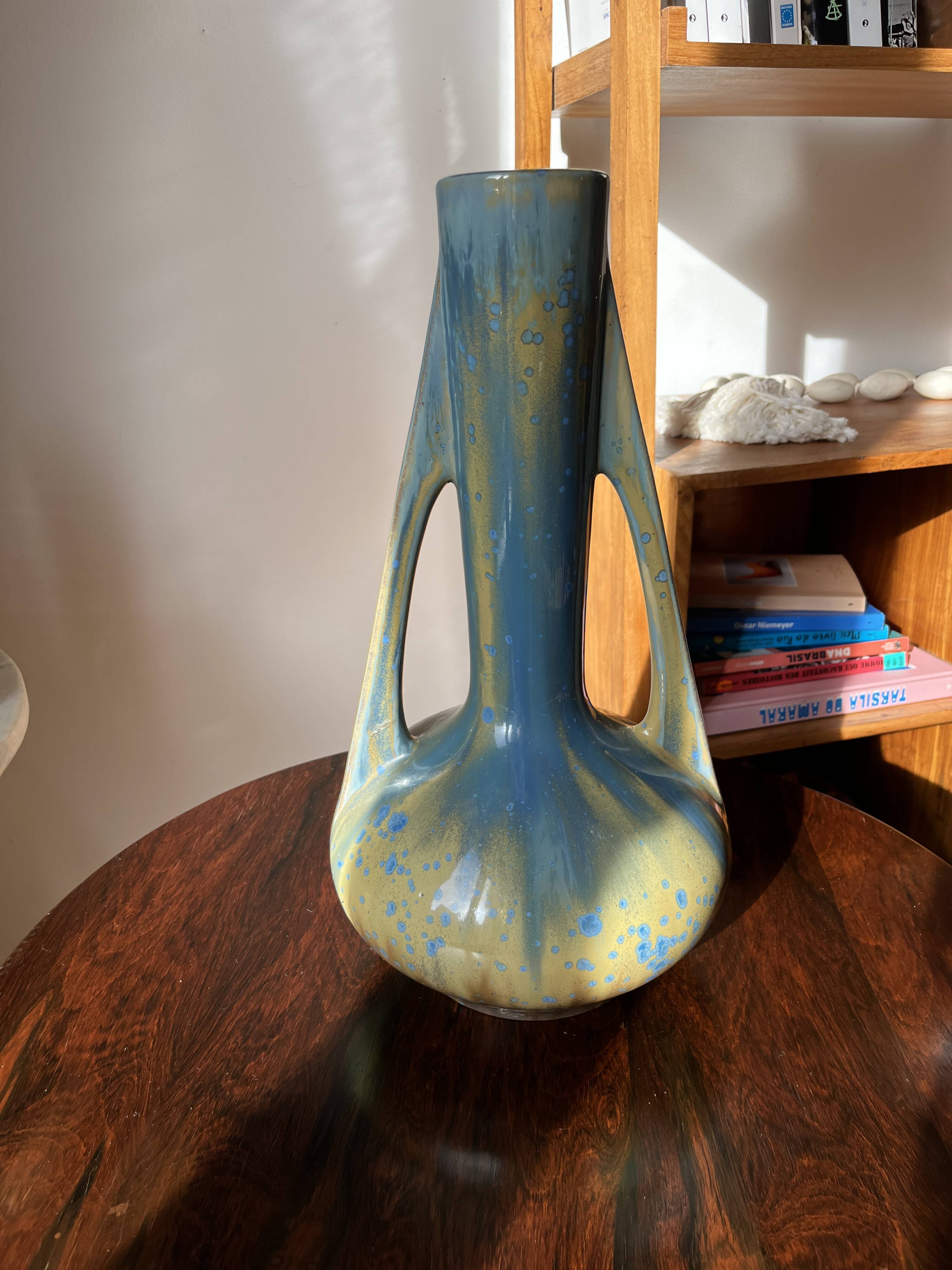 French Pierrefonds vase with blue crystalline glaze, Art Nouveau stoneware