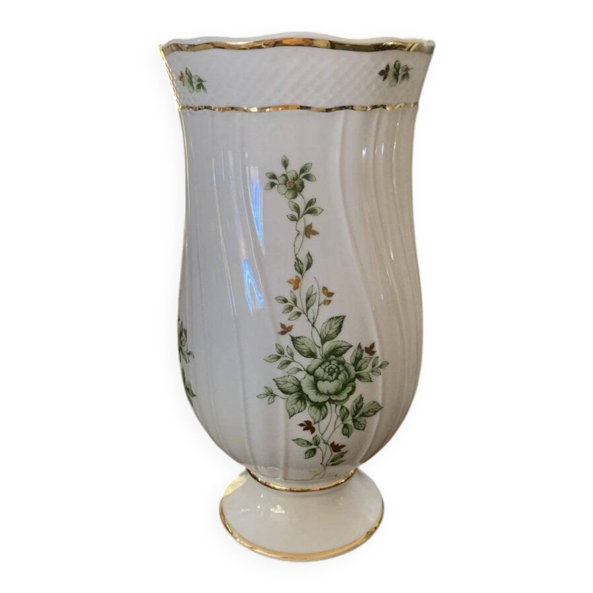 White and green porcelain vase from Holhaza, Hungary, 1980s, floral pattern and gold trim.