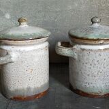 Duo of potter's pots covered in vintage glazed stoneware