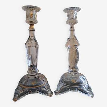 Pair of Sacred Hearts of Jesus and Blessed Virgin Mary Candlesticks Val Saint Lambert. Sign.