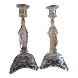 Pair of Sacred Hearts of Jesus and Blessed Virgin Mary Candlesticks Val Saint Lambert. Sign.