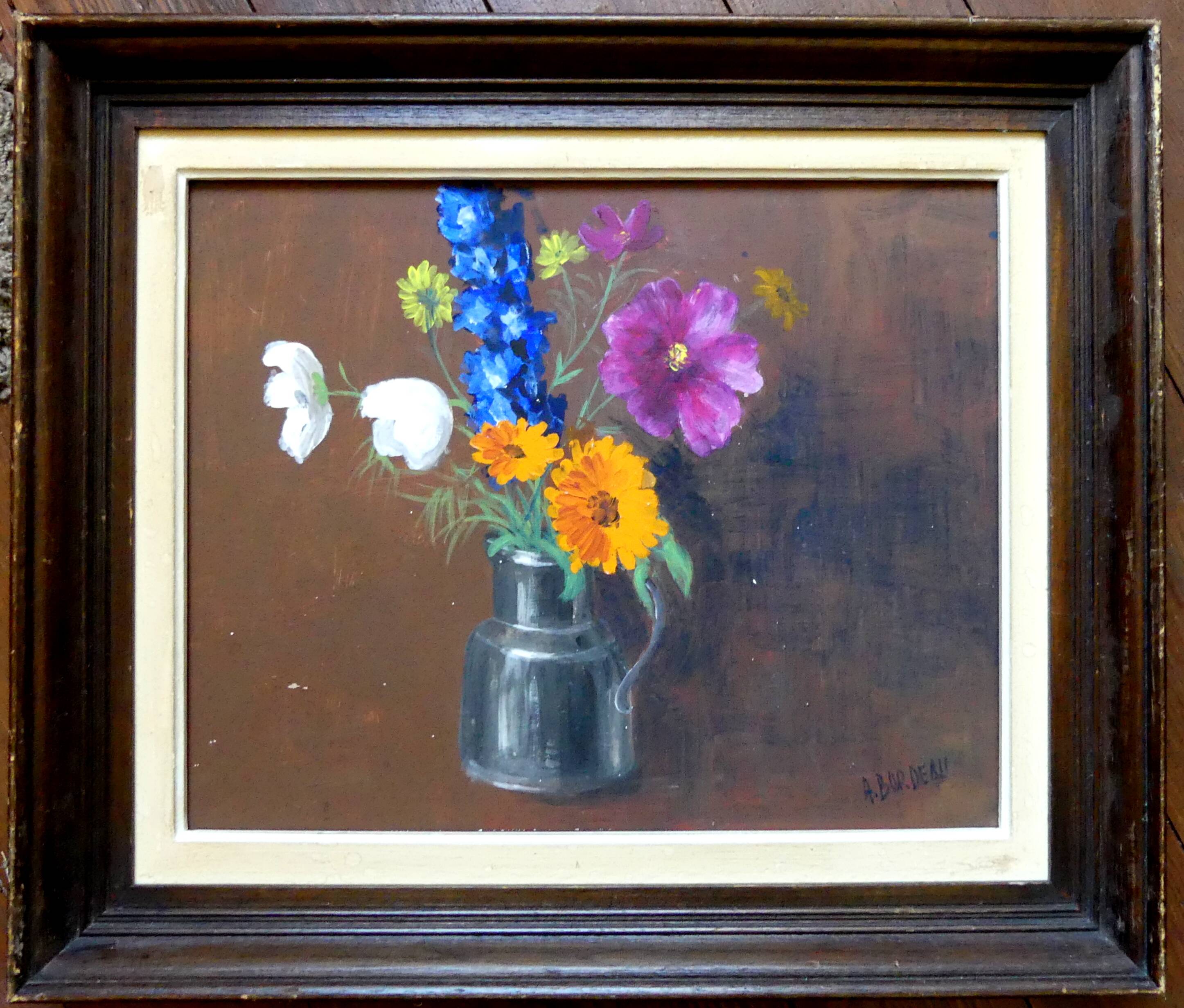 Painting colorful flowers on hardboard still life signed framed