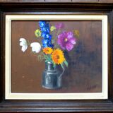 Painting colorful flowers on hardboard still life signed framed