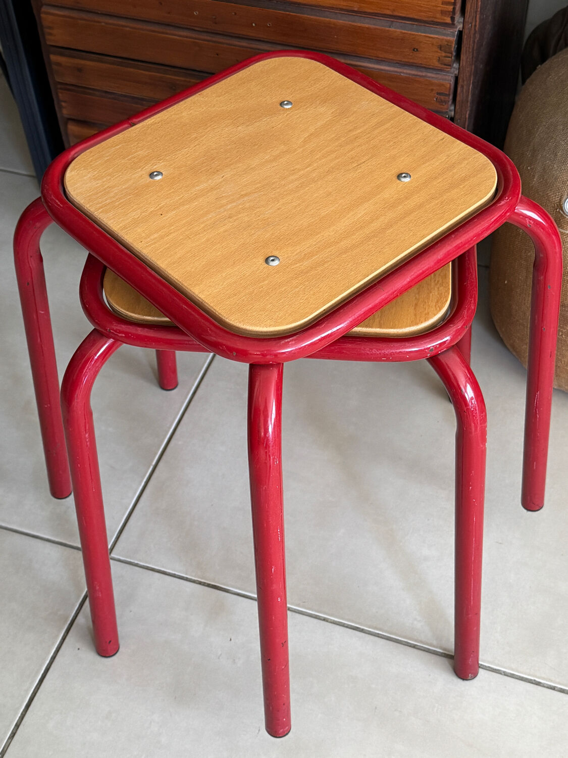 Vintage workshop style stool trio – 2 red & 1 blue