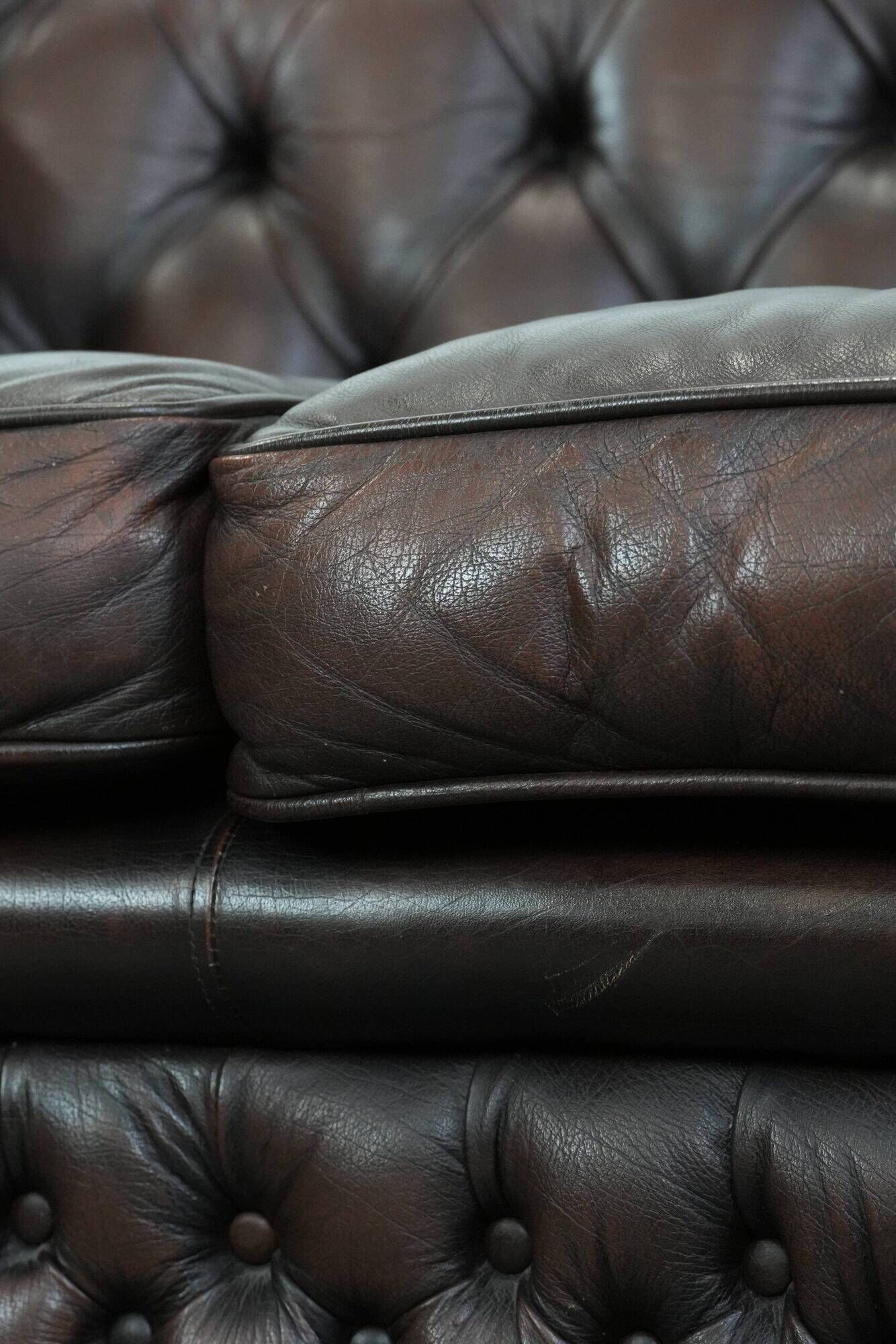 Dark brown cow leather vintage 2-seater Chesterfield sofa in English style