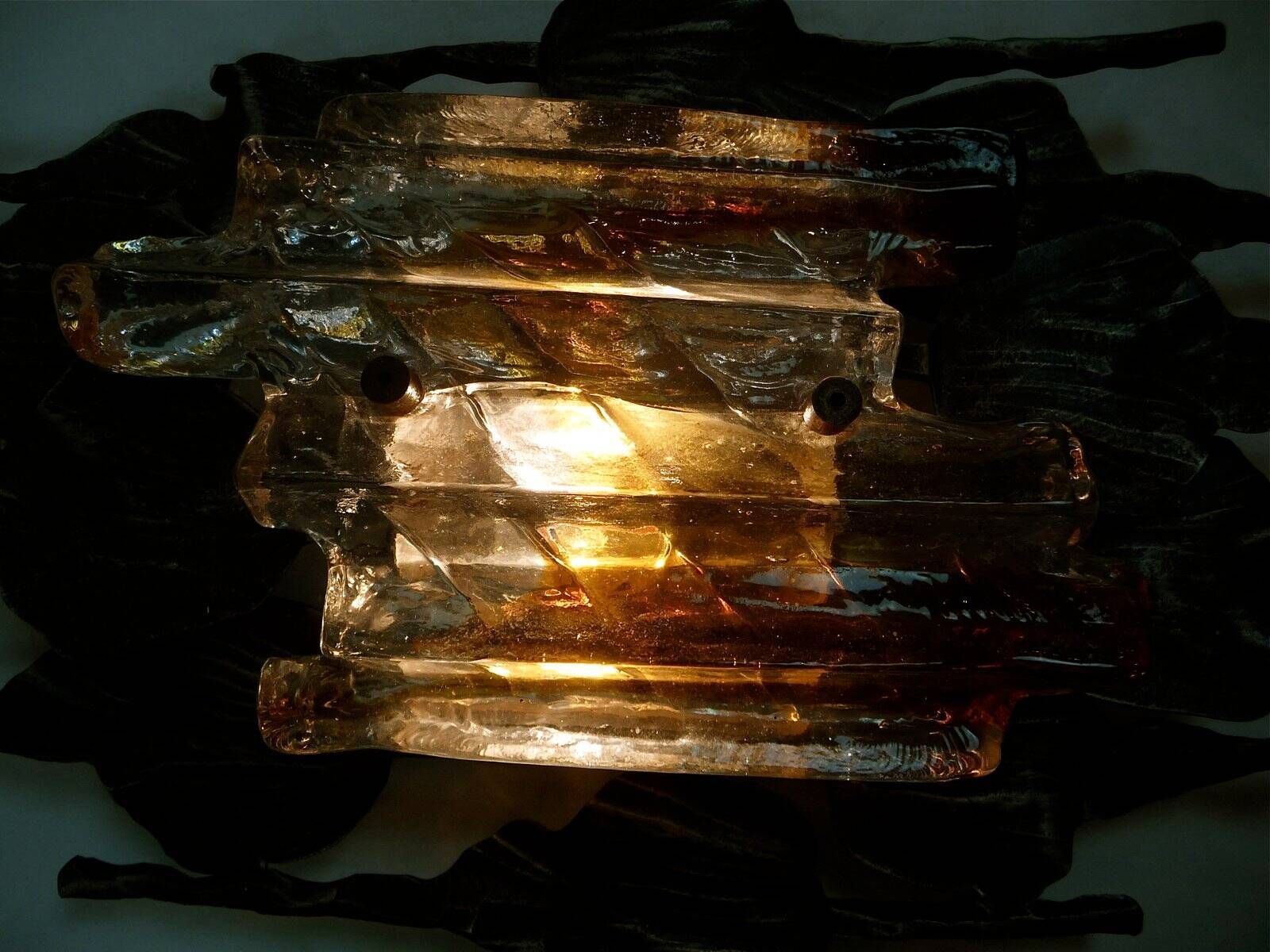 Large brutalist iron & ice Murano glass sconce / wall lamp, 1960s