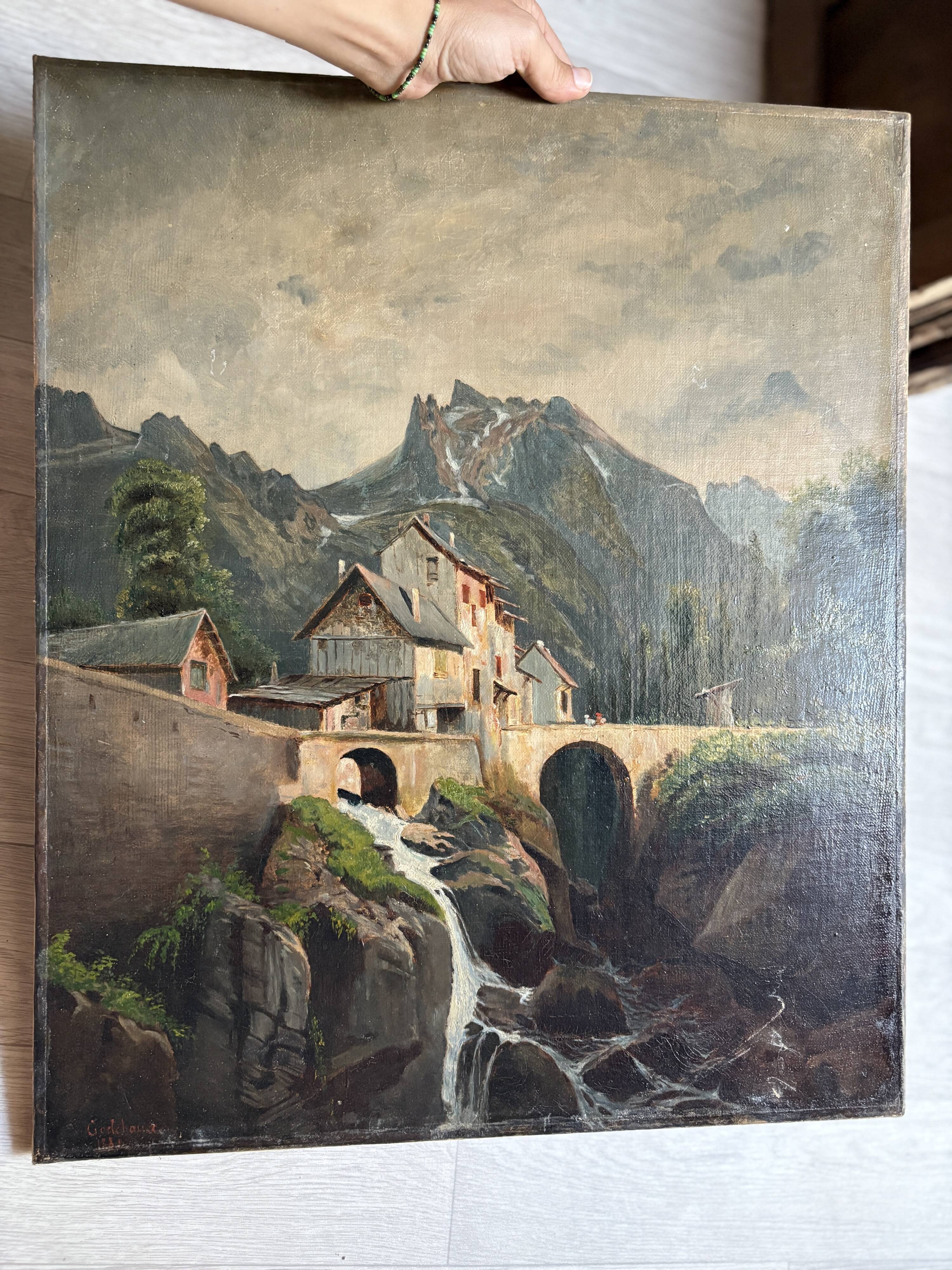 Emile godchaux (1860-1938) old painting, landscape, mountain, river