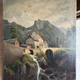 Emile godchaux (1860-1938) old painting, landscape, mountain, river