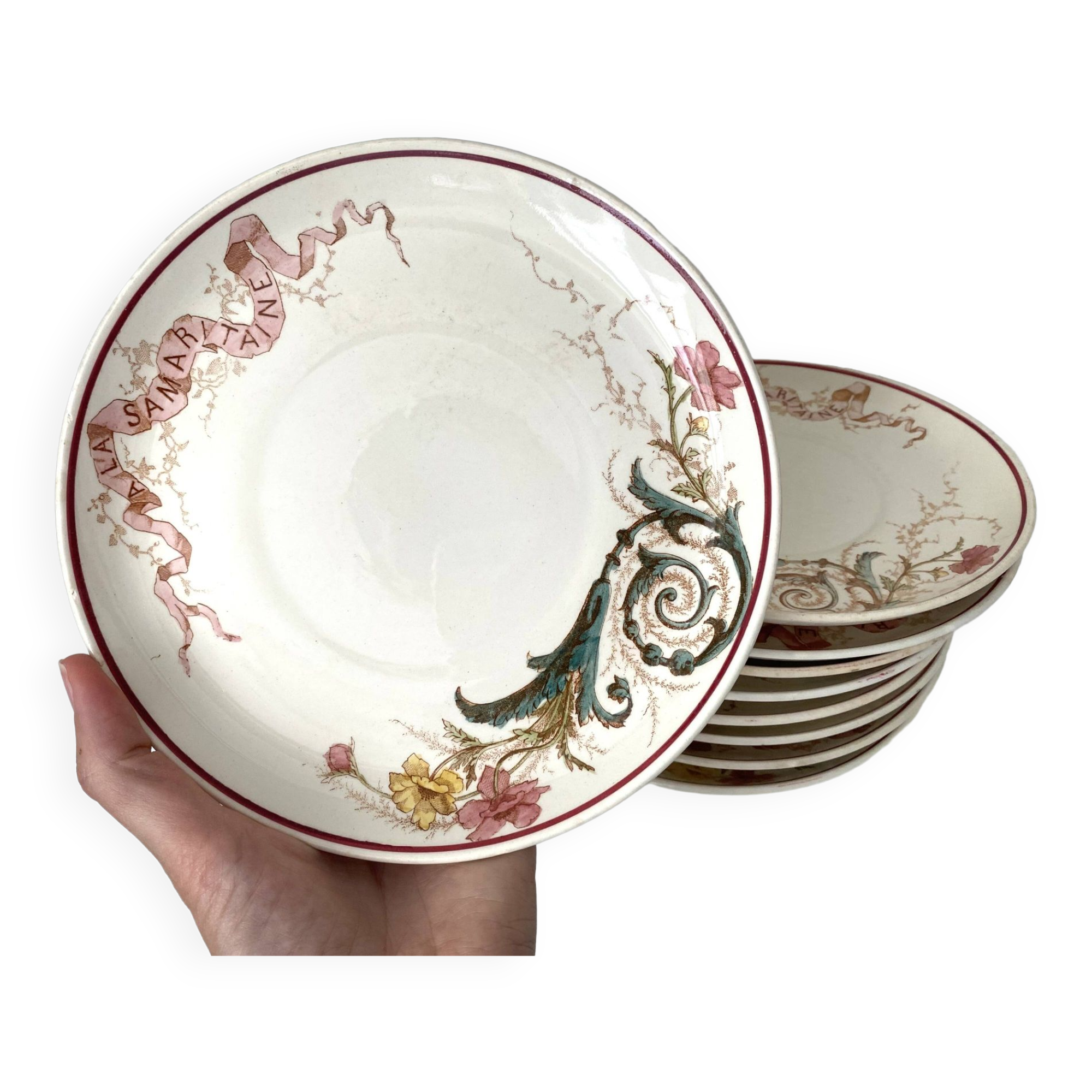 Set of 9 dessert plates "A la Samaritaine" K&G Lunéville 1900, art nouveau service