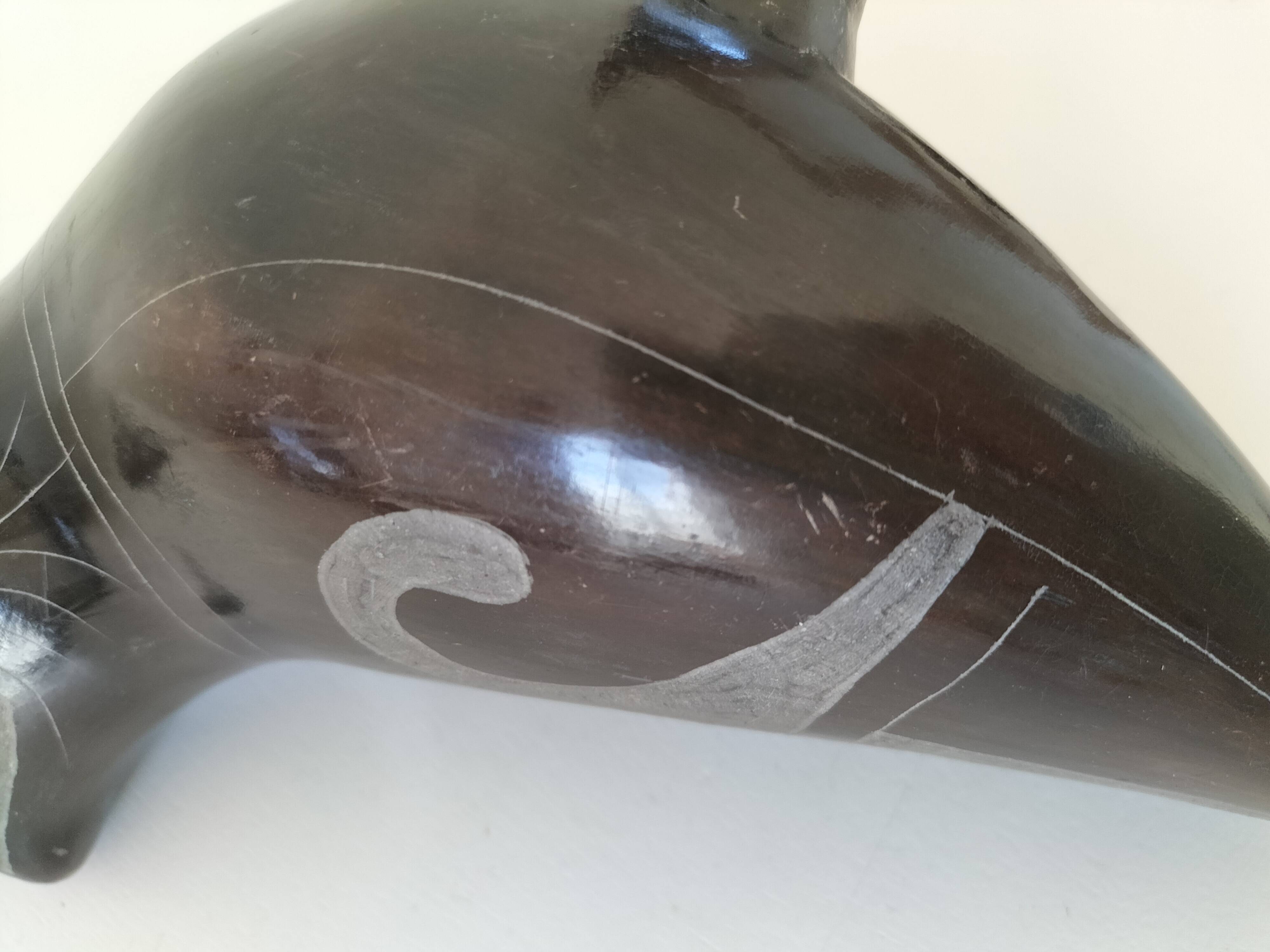 Engraved black ceramic owl signed Mexico