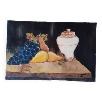 Huile sur toile nature morte aux raisins