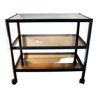 Trolley, black metal and smoked glass side table, signed Erard 1980