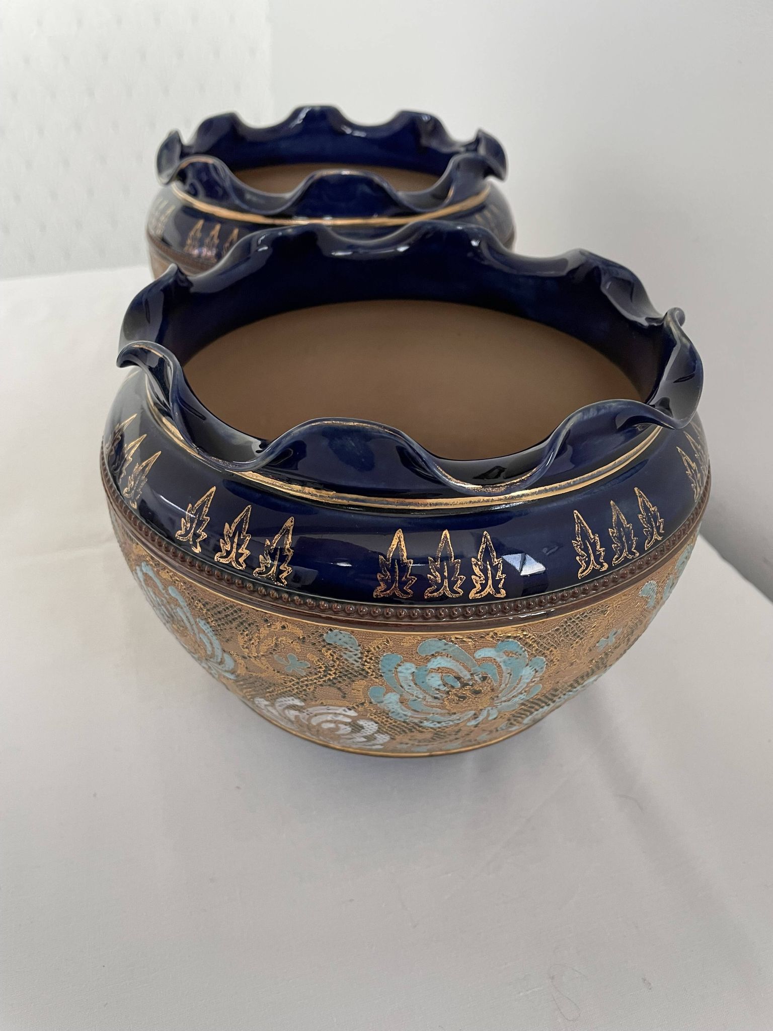 Pair, cache pots, royal doulton, english earthenware, 1920-1930, floral decoration, blue and gold, marks in