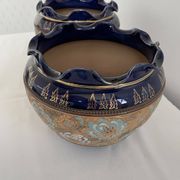 Pair, cache pots, royal doulton, english earthenware, 1920-1930, floral decoration, blue and gold, marks in