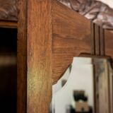 Old solid wood wardrobe with three vintage mirror doors