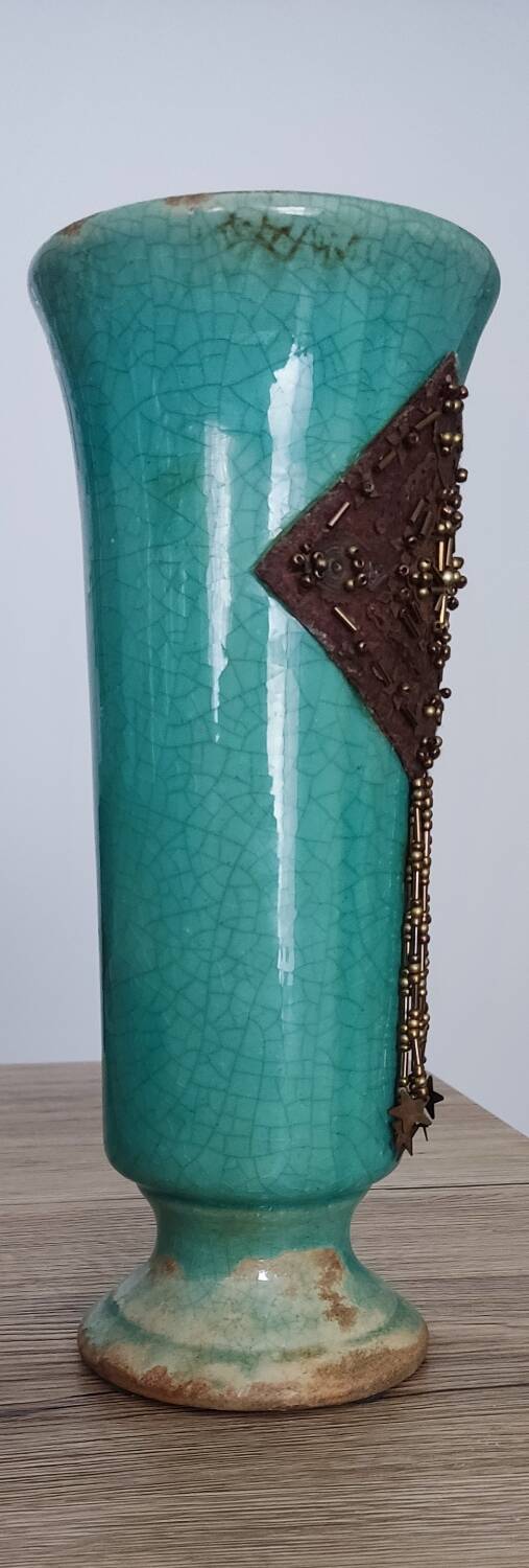 Green cracked ceramic vase