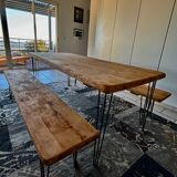Table en bois massif neuve avec deux bancs - 2 mètres (200x90x5,5cm)