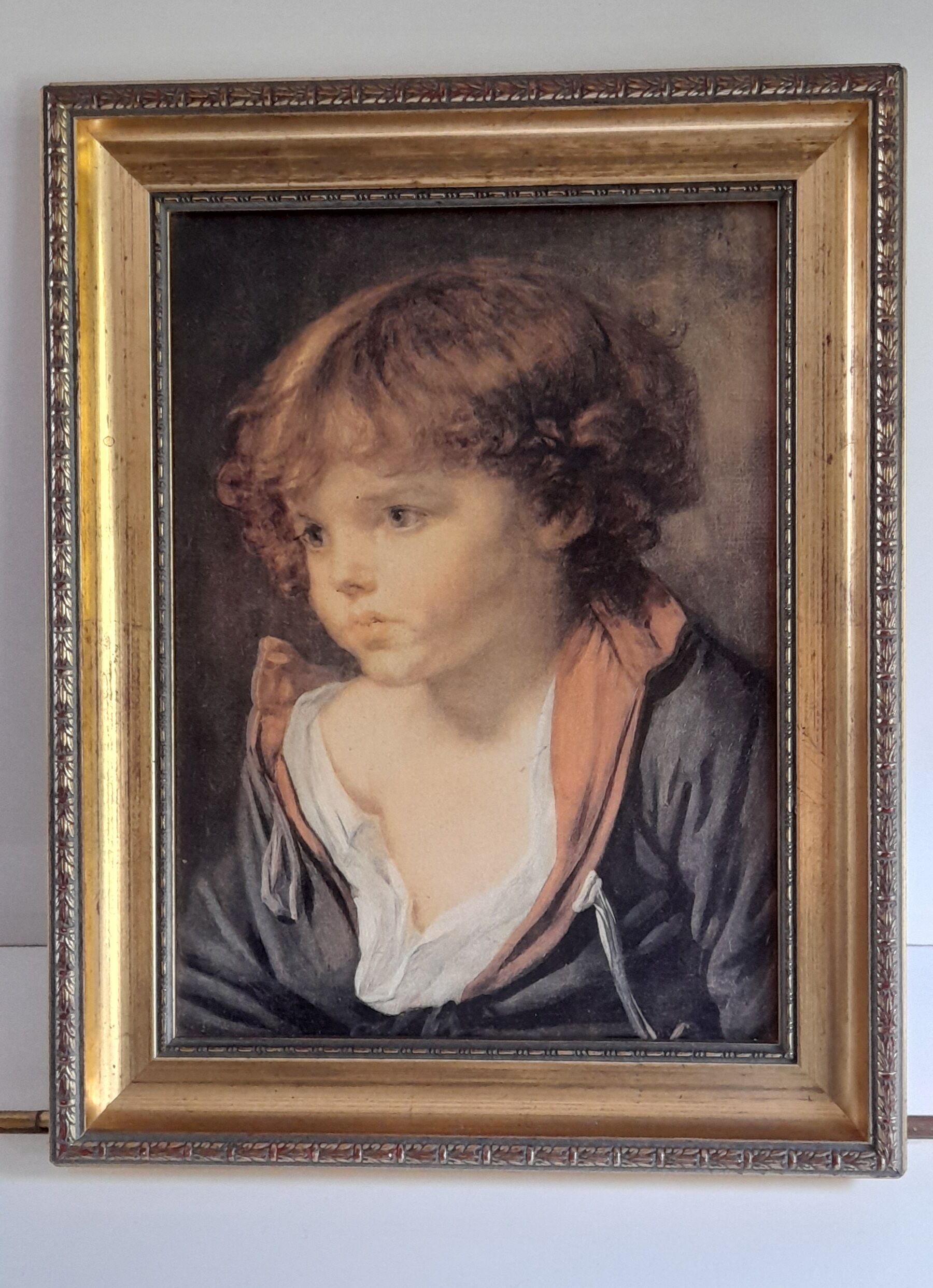 Table JB. Greuze young boy "the blonde child", reprod oil painting, under gilded frame 23x29 cm