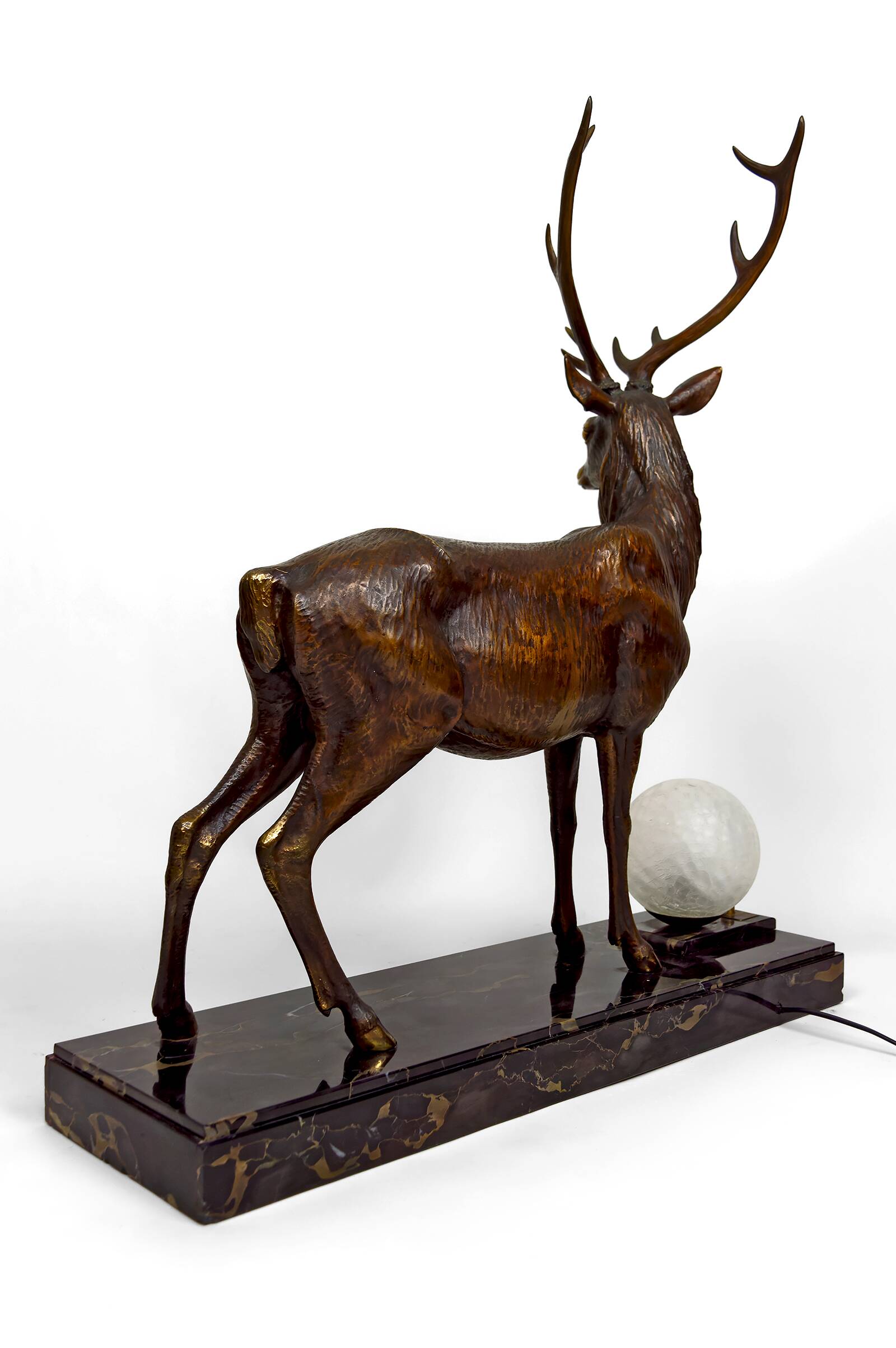 Important Bronze and Marble Sculptural Lamp, Deer, Art Deco, France