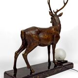 Importante Lampe Sculpturale en Bronze et Marbre, Cerf, Art Déco, France
