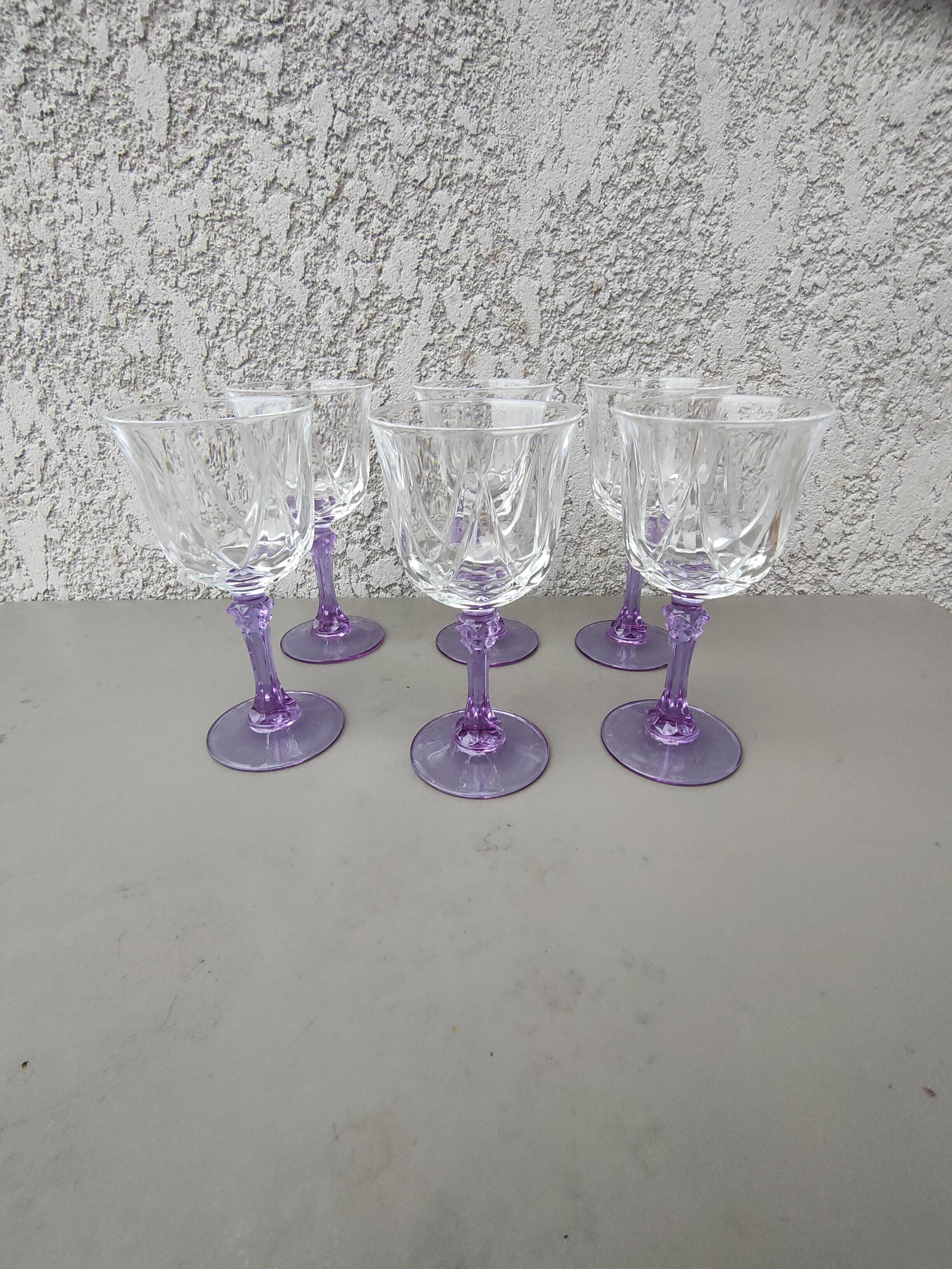 set of 6 purple stemmed crystal wine glasses