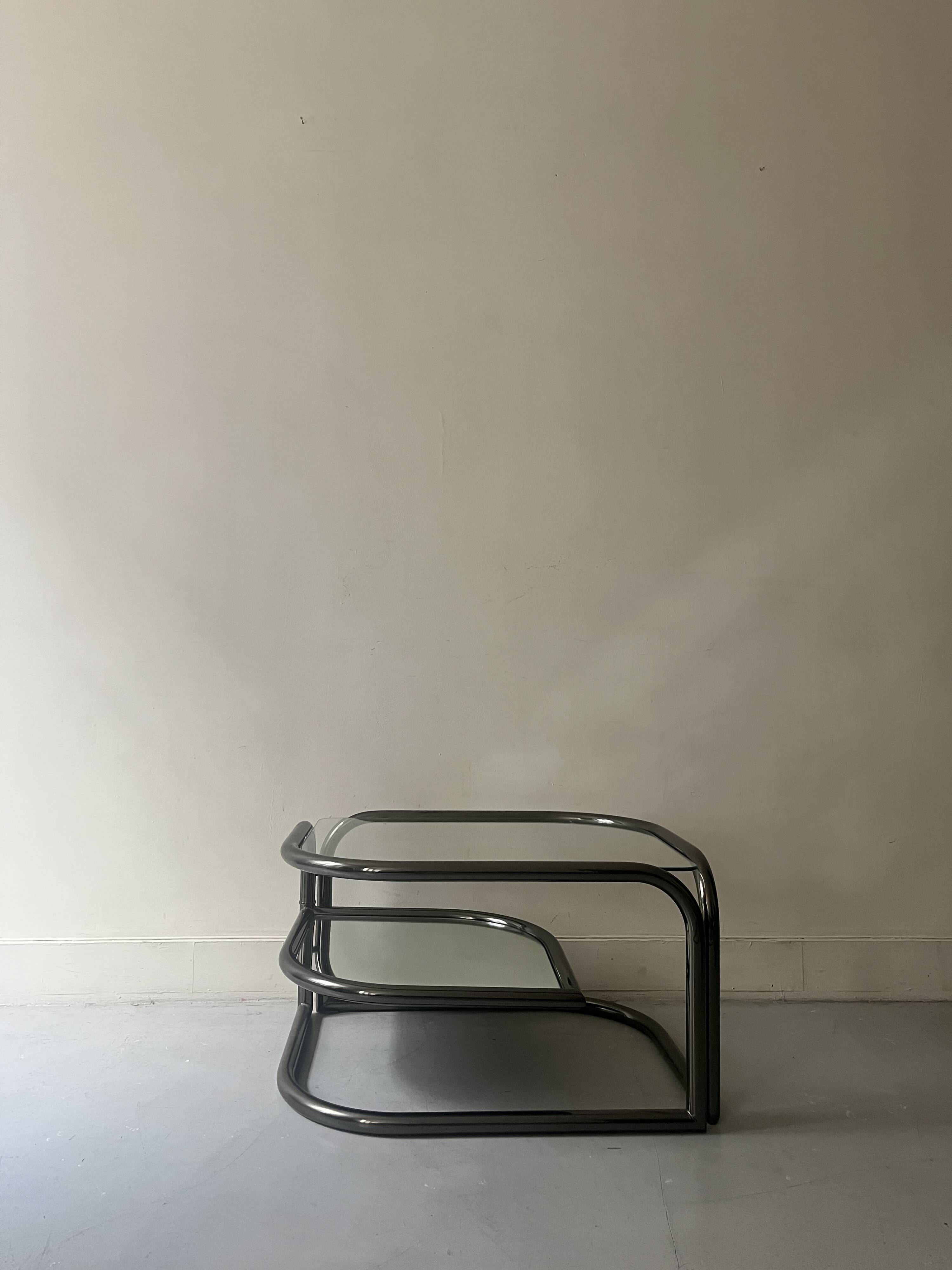 rotating coffee table drop in tubular chrome metal, glass and mirror, design 1970