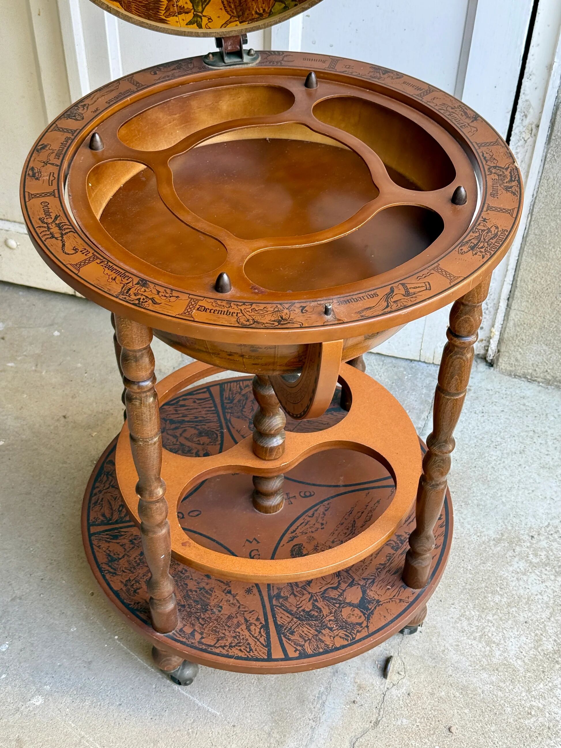 Globe bar on wheels with a rotating tray