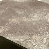 French 1970s slate & solid oak coffee table — textural slate slab, sculptural presence
