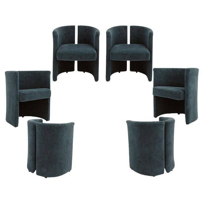 Mid Century Modern Italian Curved Chairs in Blue Velvet, Set of Six