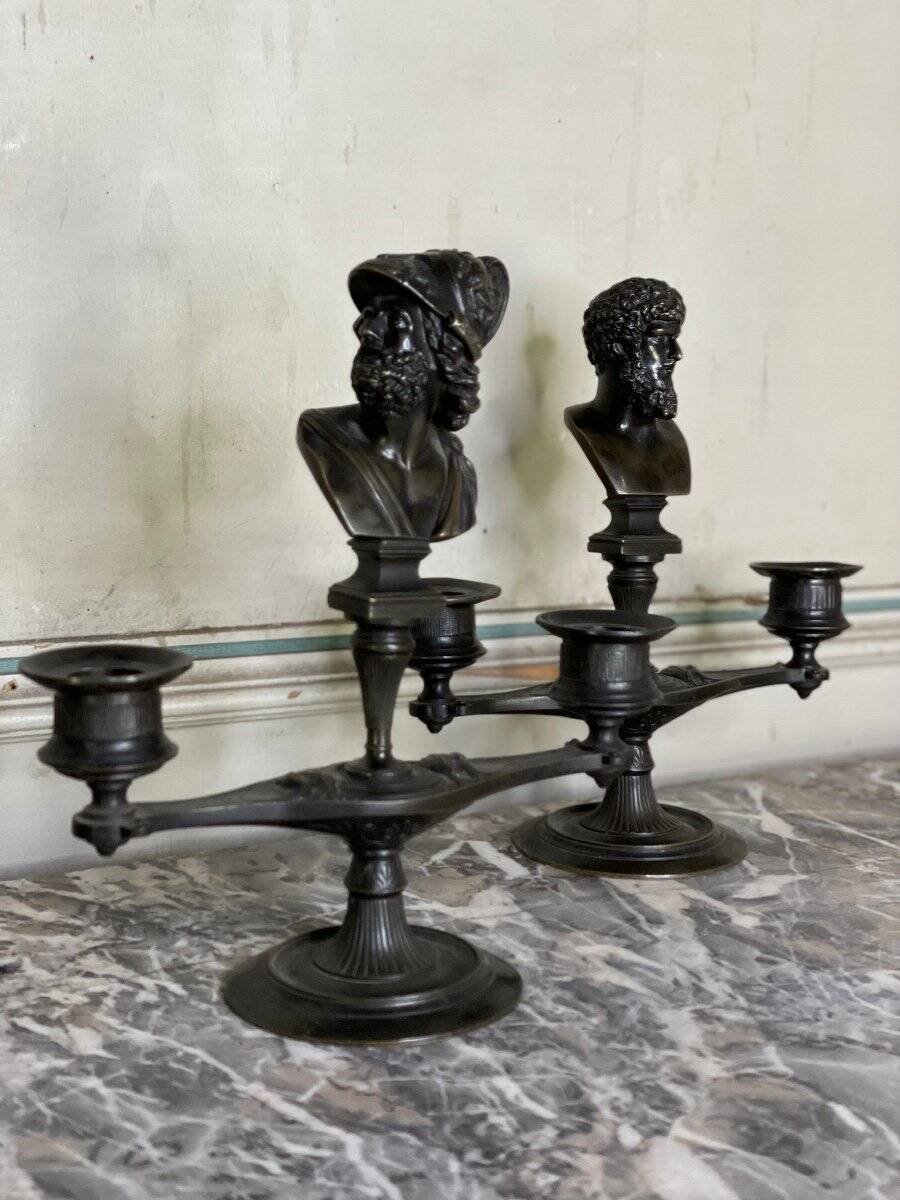 Pair of bronze candlesticks with a black patina in the antique style