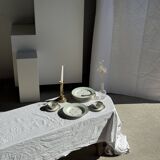 Set of 9 vintage turquoise deep plates with gold trim and pink flowers.