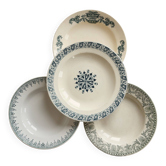 4 mismatched deep plates in ironstone, blue and green tones.