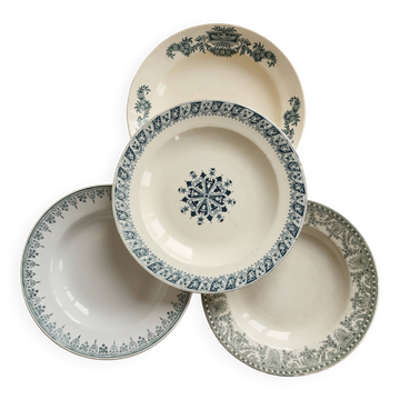 4 mismatched deep plates in ironstone, blue and green tones.