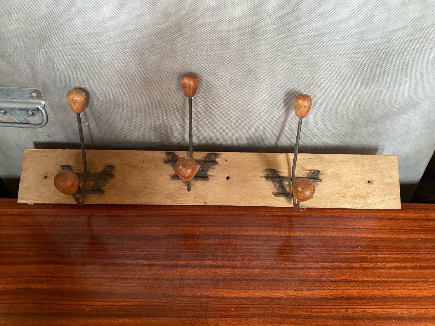 Old wooden wall coat rack + 3 wrought iron hooks & vintage wooden ball